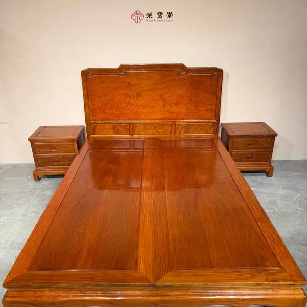 缅甸花梨大果紫檀独板老料特殊花纹龙胆纹水波纹中式大床新中式红木大床缅花180*200