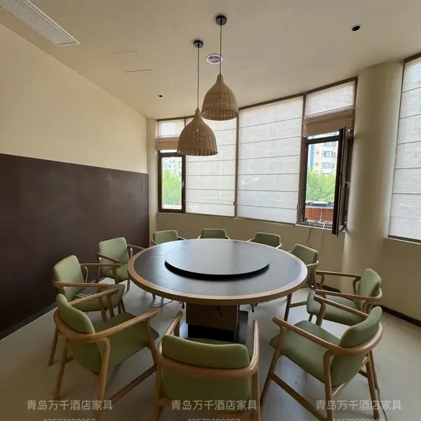 新中式实木岩板电动大圆桌椅组合 宴会自动旋转餐桌酒店家具