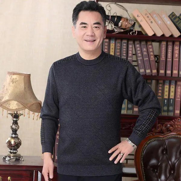 春秋季爸爸装翻领体恤衫上衣宽松中年男士羊毛衫长袖针织毛衣