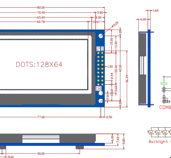 LCD 128x64 COG 12864 白底 黑字 LCD 显示屏外型尺寸:82*50MM