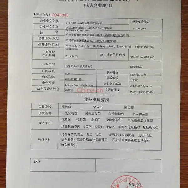 国际货运代理企业备案表