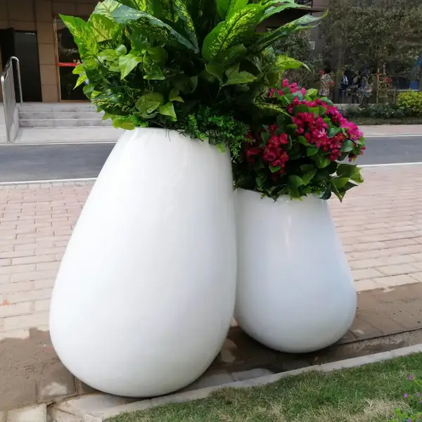 户外玻璃钢花盆 商场美陈白色花钵 落地大花瓶花缸装饰