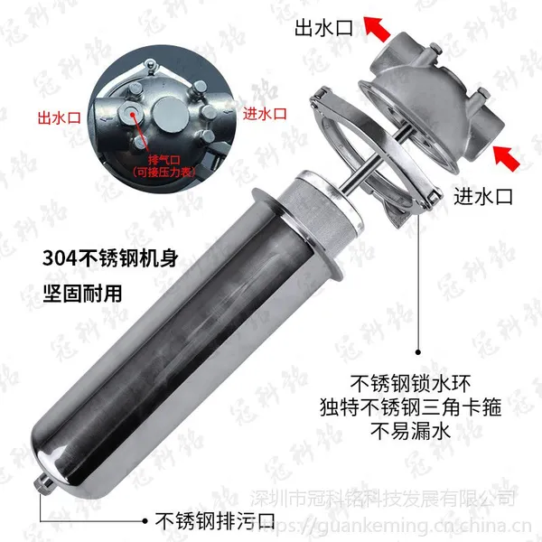 冠科铭家用厨房前置过滤器304不锈钢10寸管道精密净水器耐高温高压316工业去泥沙过滤