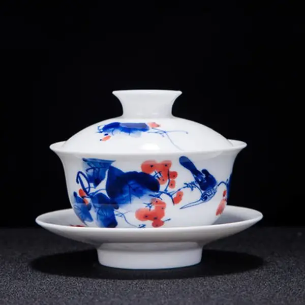 复古老式高脚盖碗茶碗 三才杯大号茶具盖碗 茶道杯加厚防烫盖杯