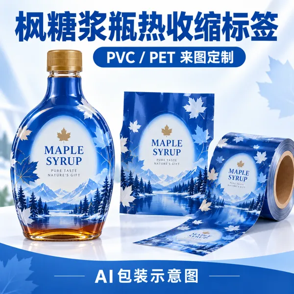 枫糖浆瓶PVC/PET热收缩膜标签 彩印包装套标定制