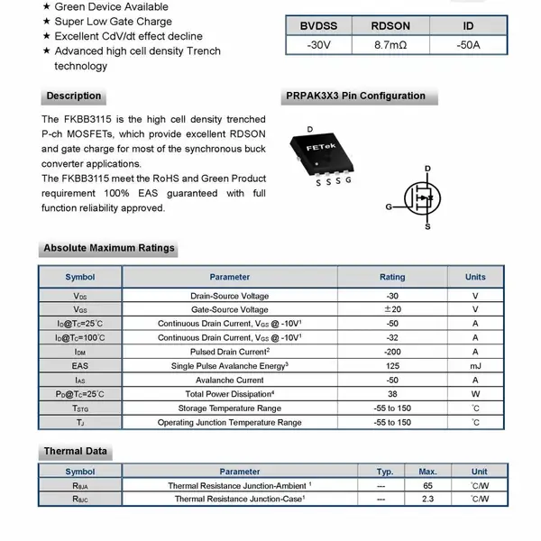 Fetek东沅 FKBB3115 P沟道MOS管 耐压30V 场效应管