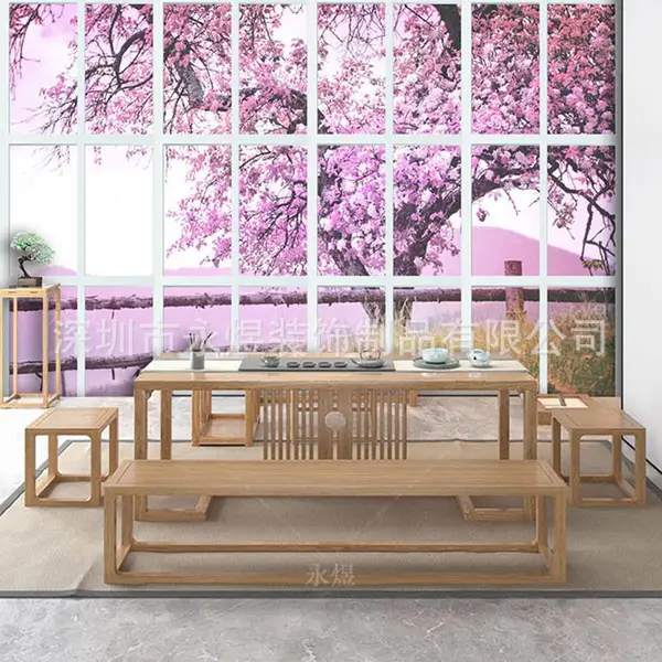 草地风景假窗高楼城市墙纸3d立体视觉延伸壁画办公室餐厅樱花壁纸