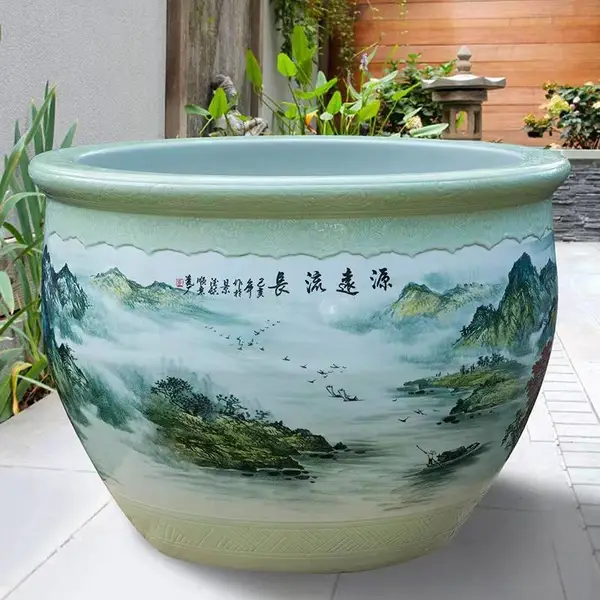 流水器养金鱼缸循环水客厅中式创意中型荷花缸办公室加湿器陶瓷缸