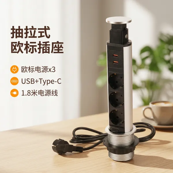 康骏斯抽拉式桌面插座欧标x3孔USB+Type-C升降插排跨境货源