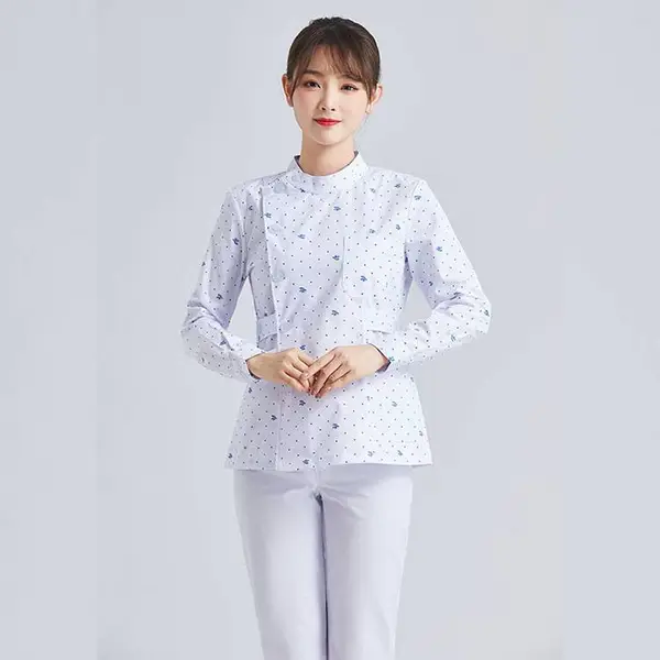 蓝点嫩叶碎花护士服 女夏季短袖分体套装 长袖母婴养老院月嫂服