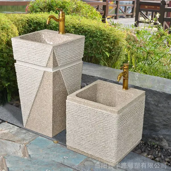 室外石头洗手盆落地庭院台盆一体户外石材水槽花园立柱洗手池