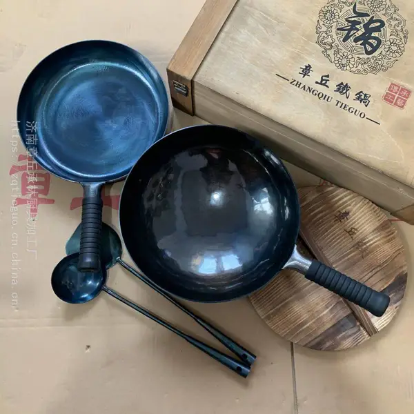 正宗章丘手工铁锅无涂层圆底炒菜勺山东章丘铁锅厂家联系电话