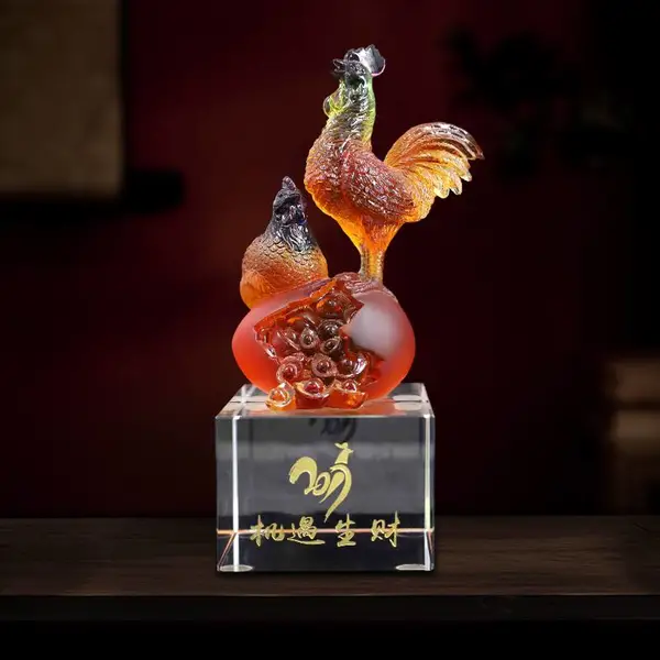 锋明古法琉璃工艺品金鸡送福摆件十二生肖鸡年礼物乔迁礼品高端大气