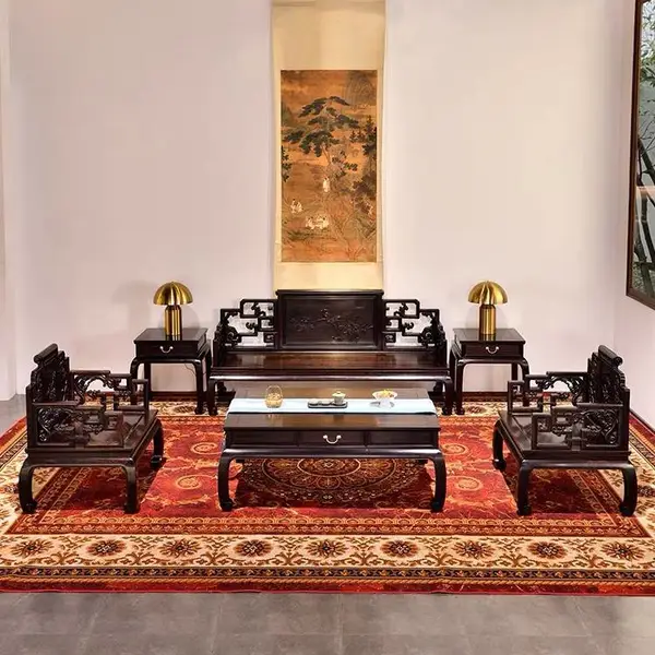 印尼黑酸枝大卷书宝座沙发 明清紫光檀大板桌7张南宫椅茶桌组合