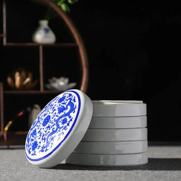 墨碟陶瓷大小号书法墨汁盒 中式家居砚台调色盘 带盖文房四宝