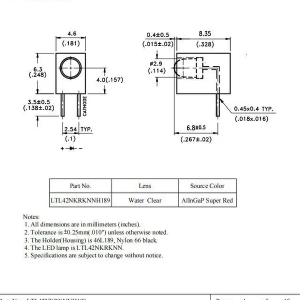 LTL42NKRKNNH189固态光源 插件DIP发红色光LED灯珠 波长642nm功耗75毫瓦