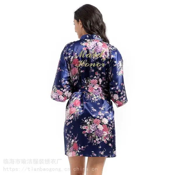 新款 烫金Maid of Honor首席伴娘化妆晨袍 短款仿真丝女士开衫袍