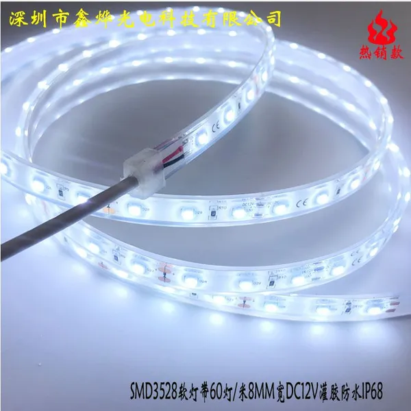 厂家直销3528灯条Led软灯带 60珠一米 5MM Ip68 防水灌胶 DC12V低压