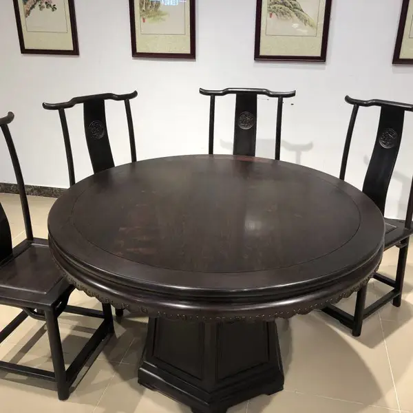 红木家具 印尼黑酸枝餐桌 阔叶黄檀圆台明式桌椅组合 ***传承