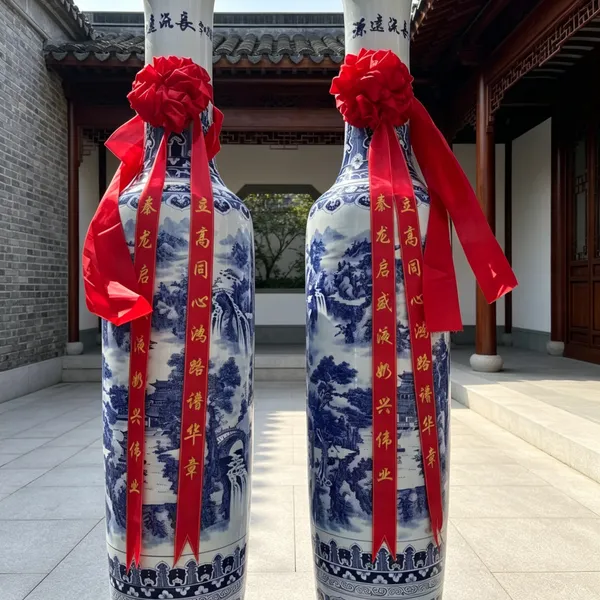 青花复古金钟瓶高2米2.6米3米陶瓷大花瓶 酒店门口落地山水画摆件