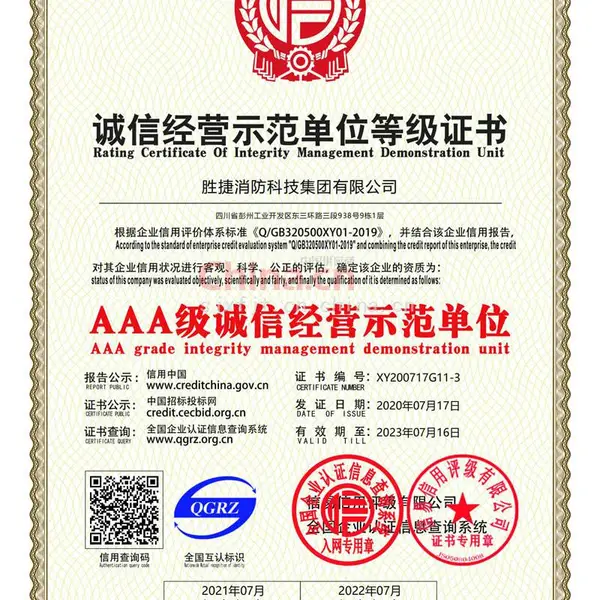 诚信经营示范单位等级证书