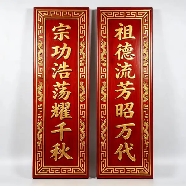 焕环祥 古建筑花边木对联定做 阴雕实木匾额 实木浮雕牌匾描金制作