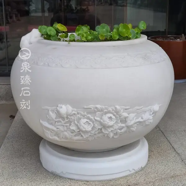 会所汉白玉水钵石雕荷花缸 石头鱼缸 养鱼种花