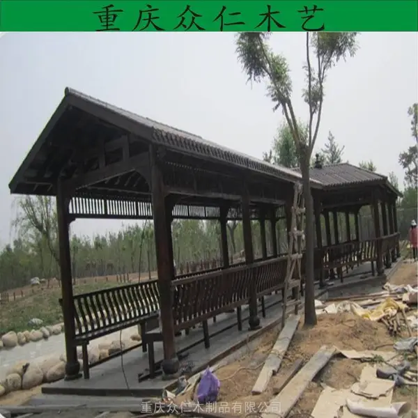 务川菠萝格木结构长廊 防腐木茅草长廊设计安装 众仁木艺