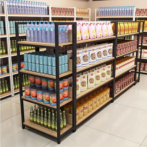 工厂定制 超市货架 铁木结合展架 便利店零食店功能单双面中岛架