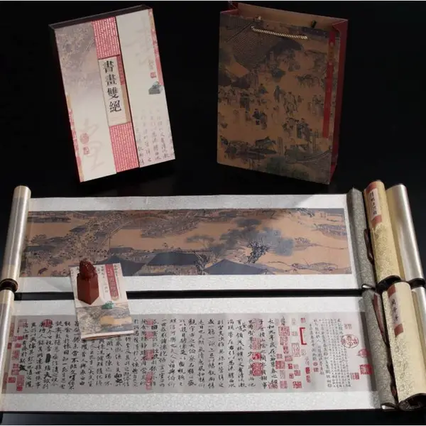 西安丝绸《兰亭序》卷轴画挂画,仿古清明上河图蚕丝画纪念品