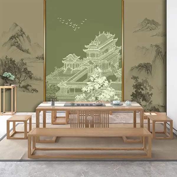 定制壁画中式意境拼色线描阁楼电视沙发背景墙壁布厅餐厅茶室墙壁