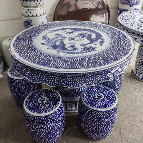 手绘青花工笔陶瓷桌凳 花开富贵加厚一桌子四凳 别墅家居瓷器桌椅