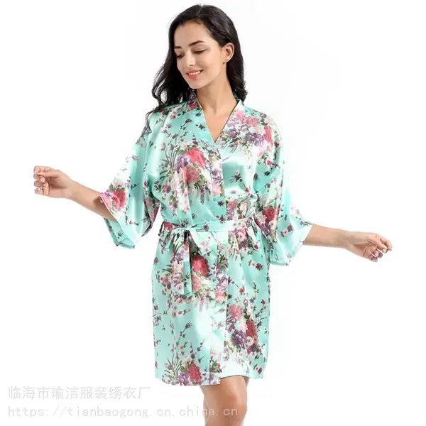 新款天宝工 女士夏季短款睡袍 薄款宽松仿真丝水仙花开衫袍 婚庆晨袍