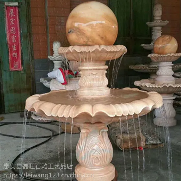 福建惠安定制石雕喷泉欧式花钵小区公园晚霞红转运风水球水景景观摆件