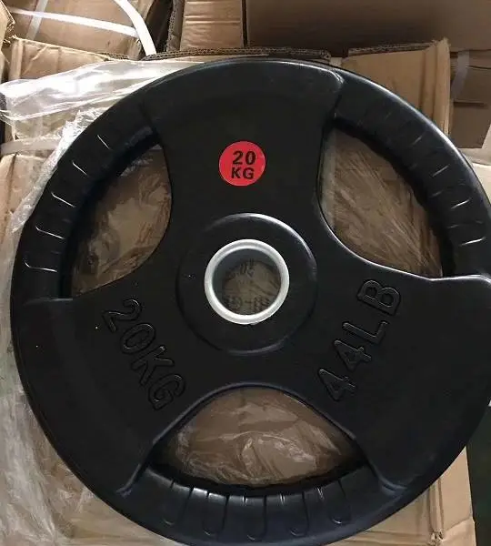 健身举重杠铃片彩色包胶飞轮片三孔手抓片涂层配重片旋风配重片
