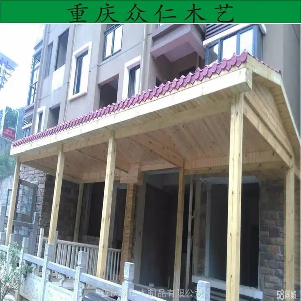 习水户外碳化木仿古风雨廊 小青瓦长廊 防腐木现代长廊施工安装 众仁木艺