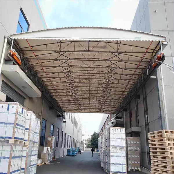 圆弧形电动伸缩棚 8级抗风工厂用棚 定制颜色工字钢轨道膜材篷布