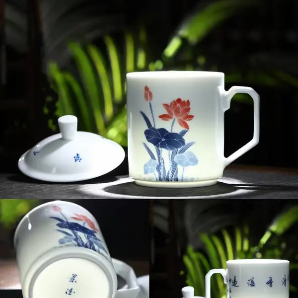 青花瓷茶杯带盖大容量陶瓷水杯办公室会议杯景德镇青花瓷加厚仿烫