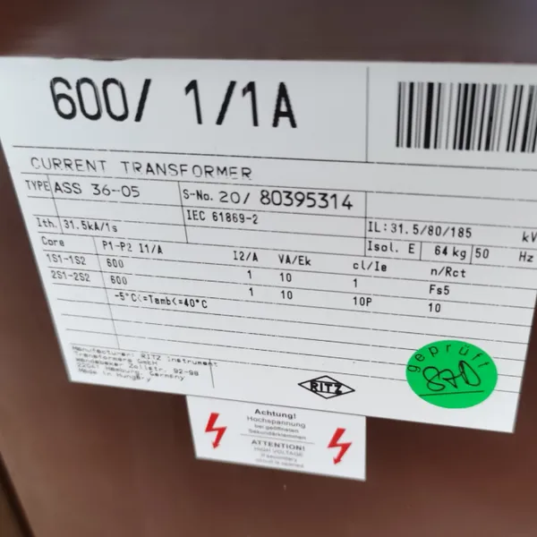Ritz Messwandler ���������� ?bersetzung: 600 // 1 / 1 A