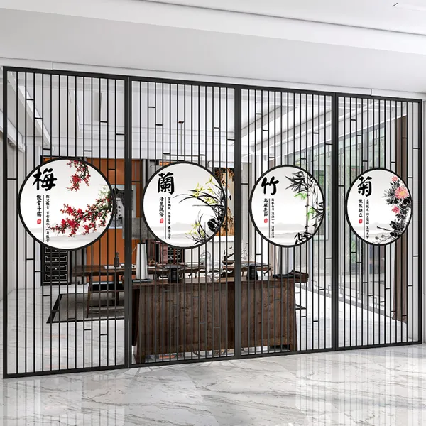 酒店大堂金属隔断雕花售楼处不锈钢镶嵌玻璃屏风钛金玄关花格