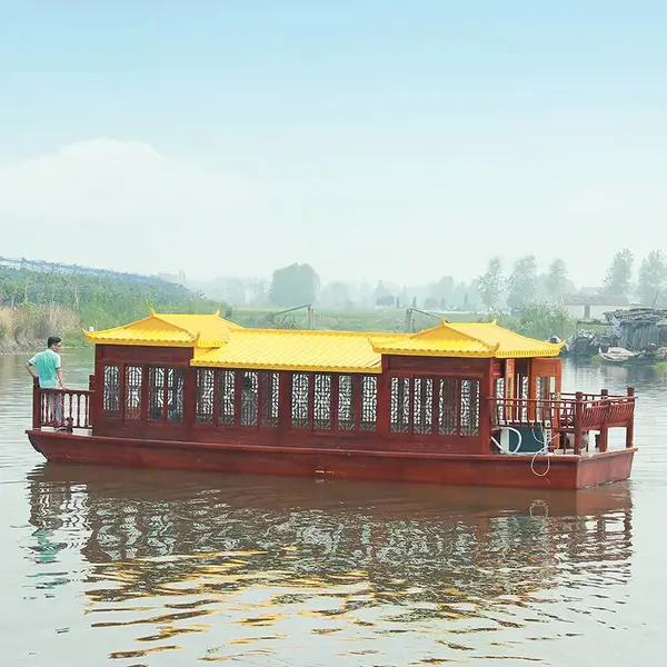 江南大型画舫船水库菠萝格雕刻画舫船 旅游观光木船电动观光船