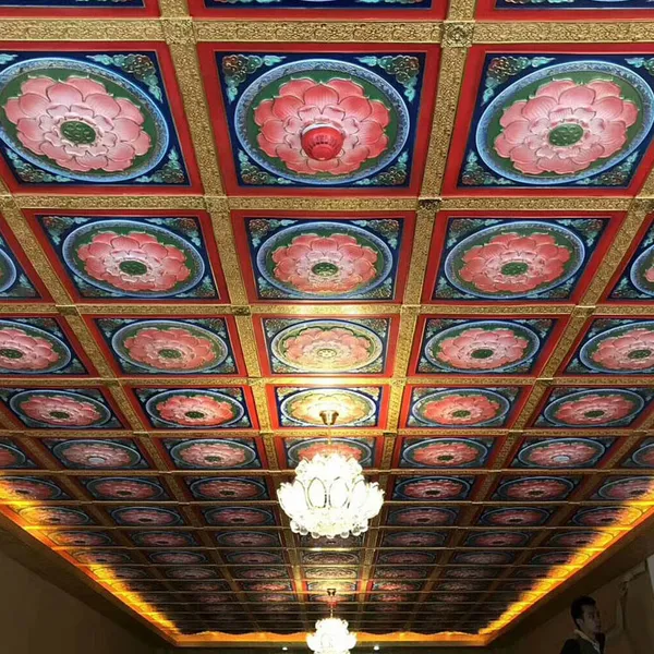 仙缘古建寺庙吊顶pu聚氨酯浮雕彩绘莲花天花满灯光造型