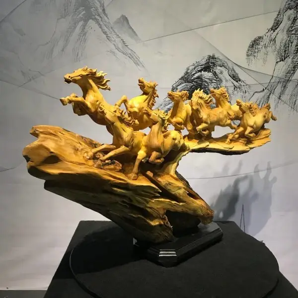 太行崖柏根雕摆件八骏马大展宏图实木木质工艺品摆件雕刻动物木雕