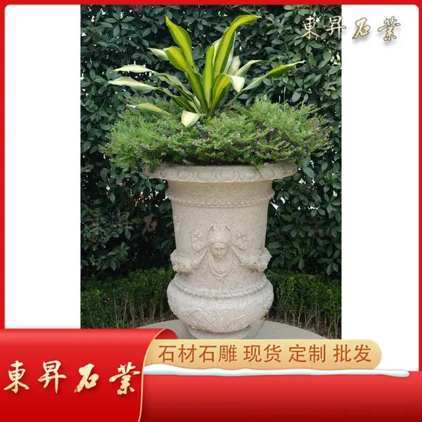 欧式石雕花钵 仿古石雕花盆 米黄 黄锈石花钵 小区别墅景观***