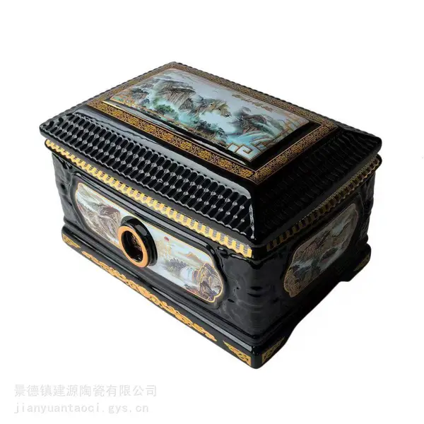 建源陶瓷富贵万代棺材 镀金陶瓷骨灰盒千年不腐殡葬迁坟厂家供应