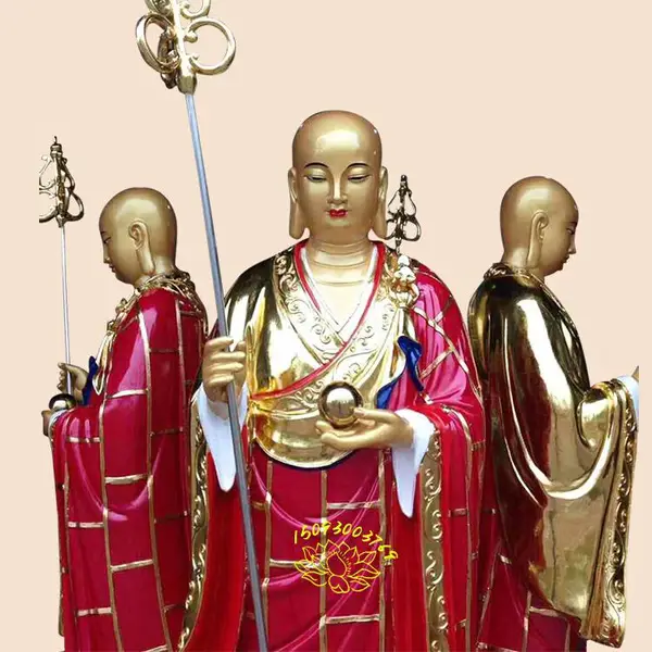 地藏王菩萨家用佛像摆件 石雕金镶玉九华山地藏 菩萨娑婆三圣神像