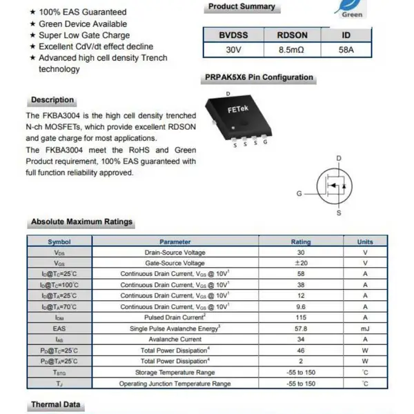 Fet东沅 FKBA3004 高单元密度N沟道MOSFET 热銷中