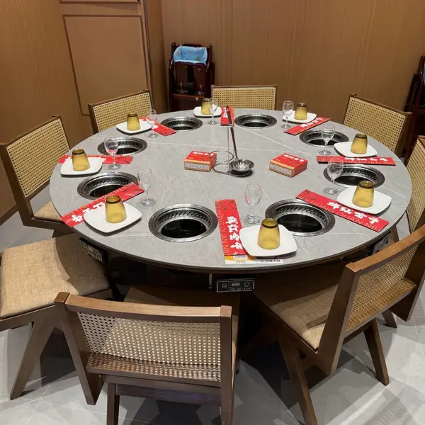 定制 无烟 岩板火锅桌椅 厂家 商用 韩式涮烤一体桌 烤肉店 大理石餐桌椅