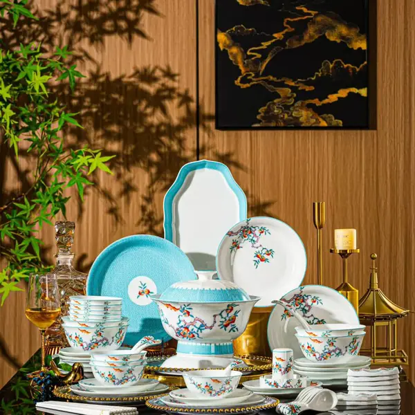 青花珐琅彩缠枝莲餐具酒店餐厅高档摆台碗碟散件居家日用陶瓷