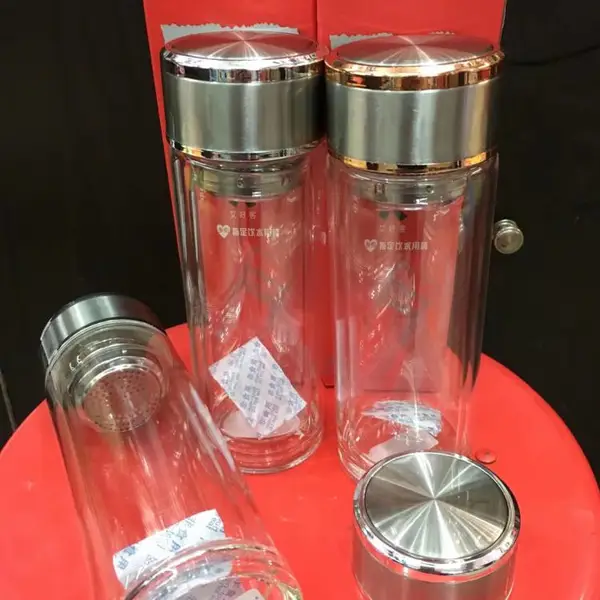 西安口杯,办公双层水晶玻璃杯印字,不锈钢真空保温礼品杯子
